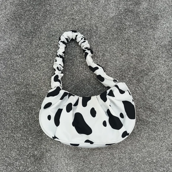 BLACK WHITE COW PRINT HANDBAG SHOULDER BAG Y2K POLYESTER RUCHED CARRY - Picture 3 of 5